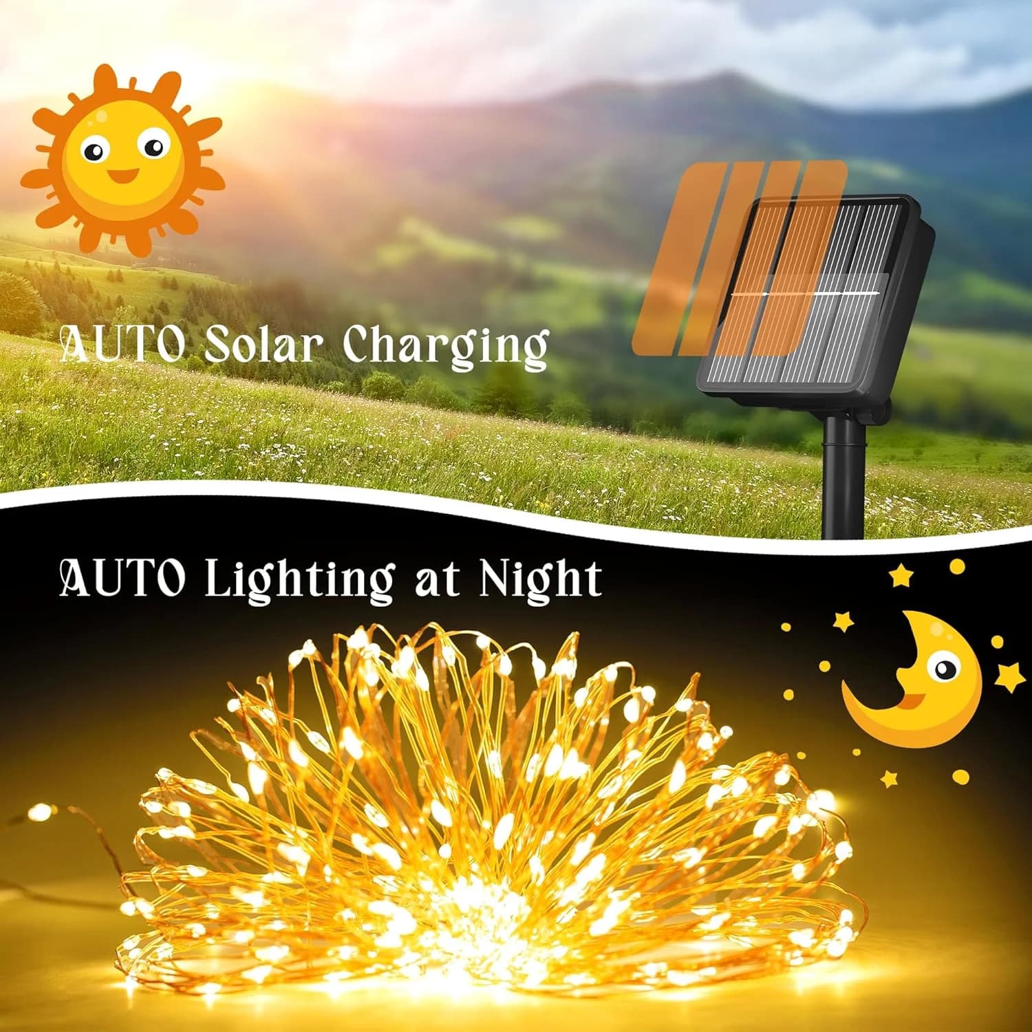 100 LED Solardrevne kobbertråd lyslenker, 8 moduser utendørs