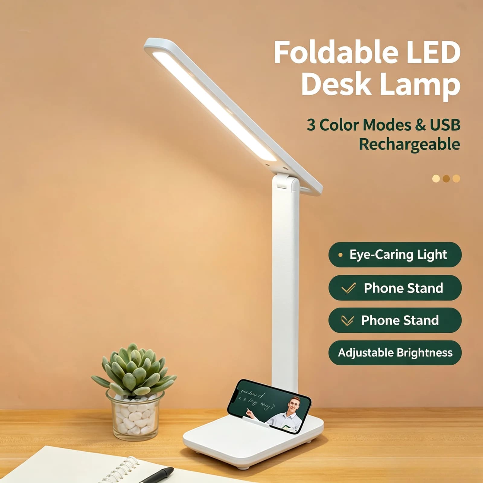 Sammenleggbar LED skrivebordslampe med USB-lading og telefonholder