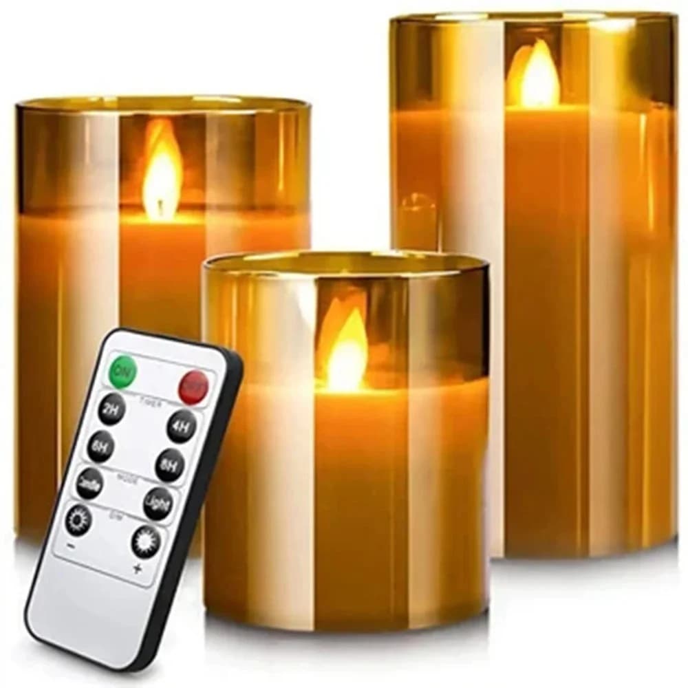 Set med 3 flammeløse LED-lys med fjernkontroll og timer