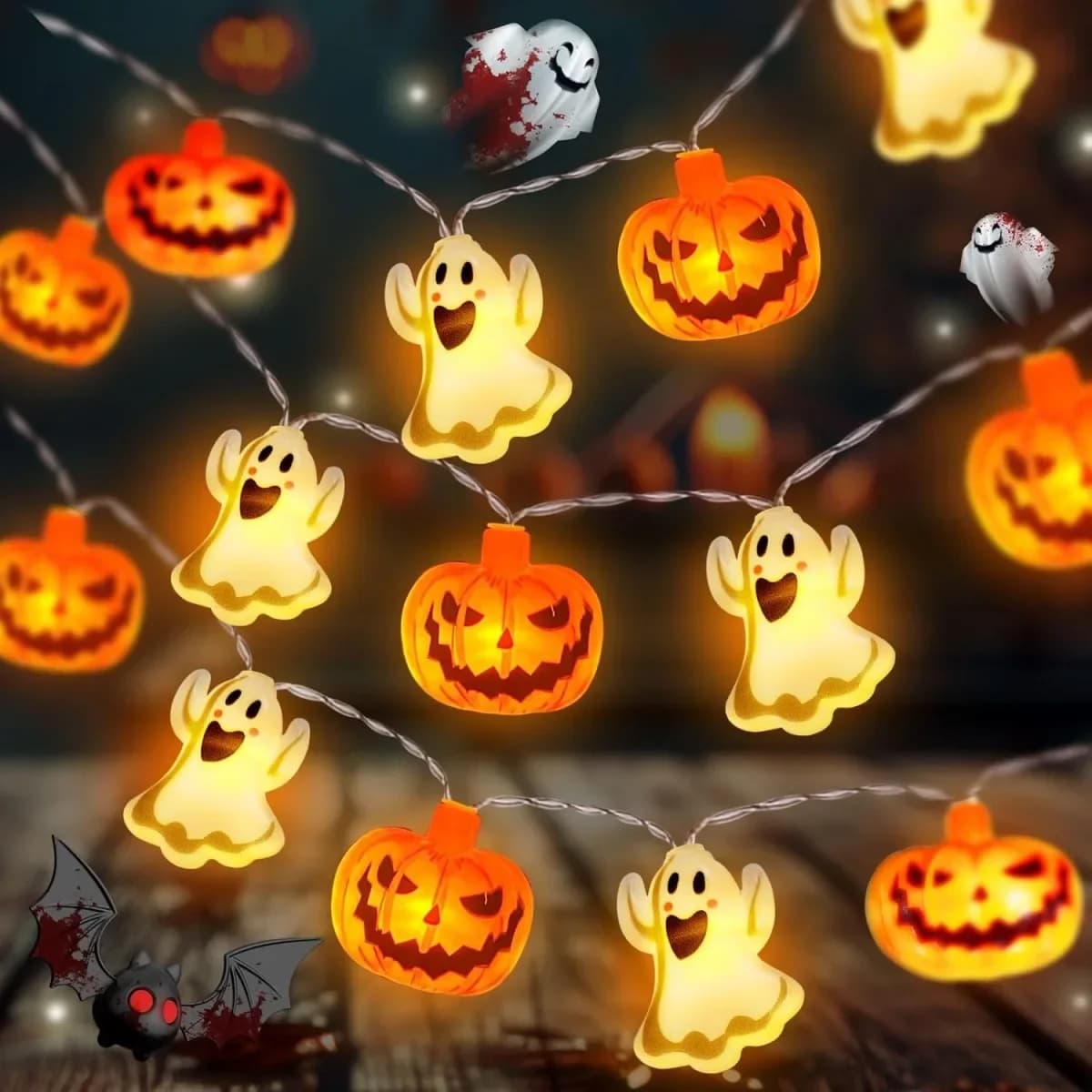 Batteridrevne Halloween LED-strenglys med spøkelser og gresskar