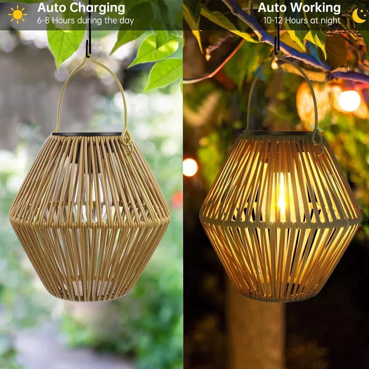 Håndlaget rattan sollykt med varm hvit LED