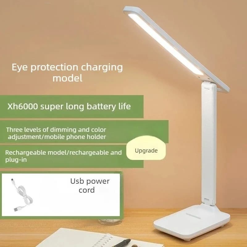 Foldbar USB-ladbar LED skrivebordslampe med telefonstativ