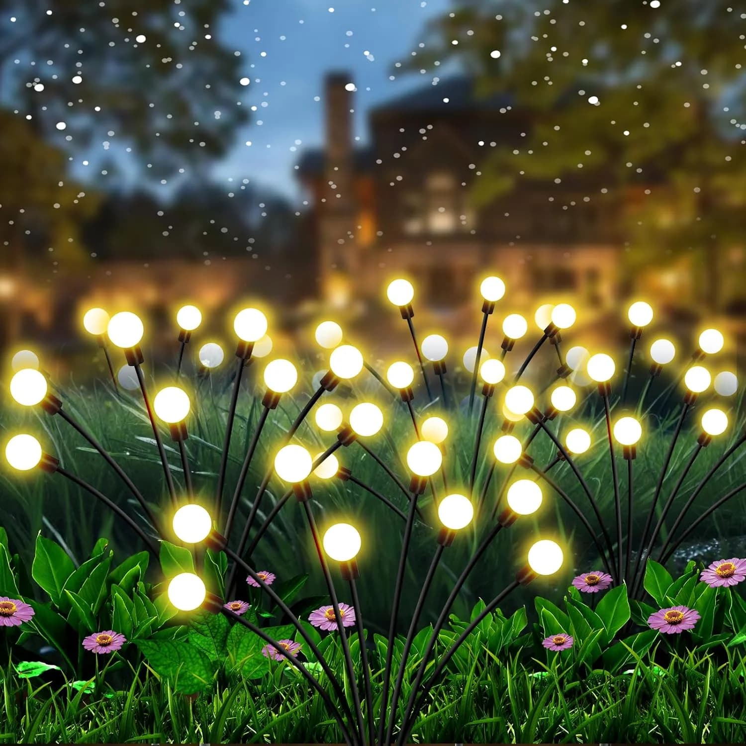 Solcelledrevne hagepinner med 'ildfly', svingende LED