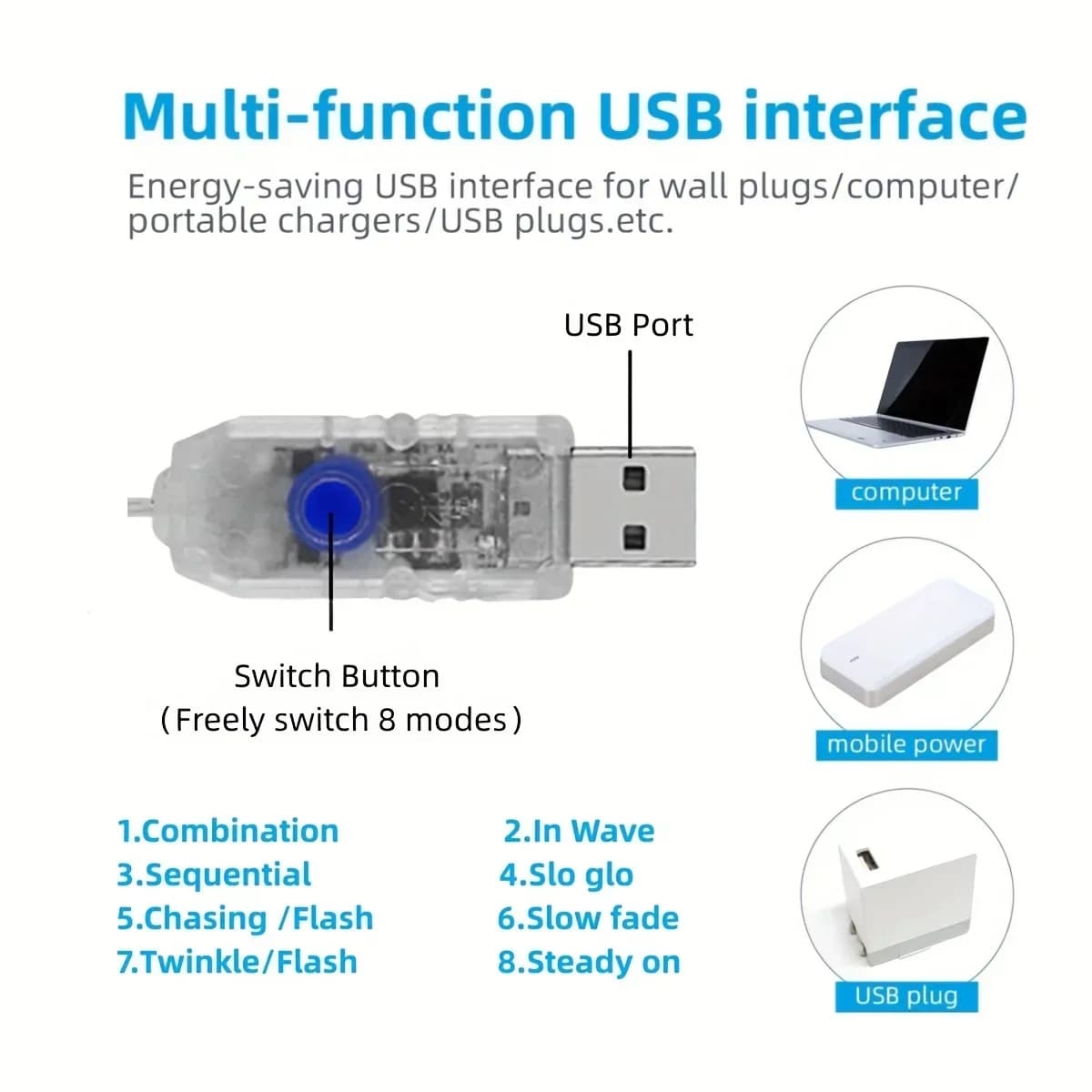 USB LED vannfall-lyslenker, varm hvit og fargerik