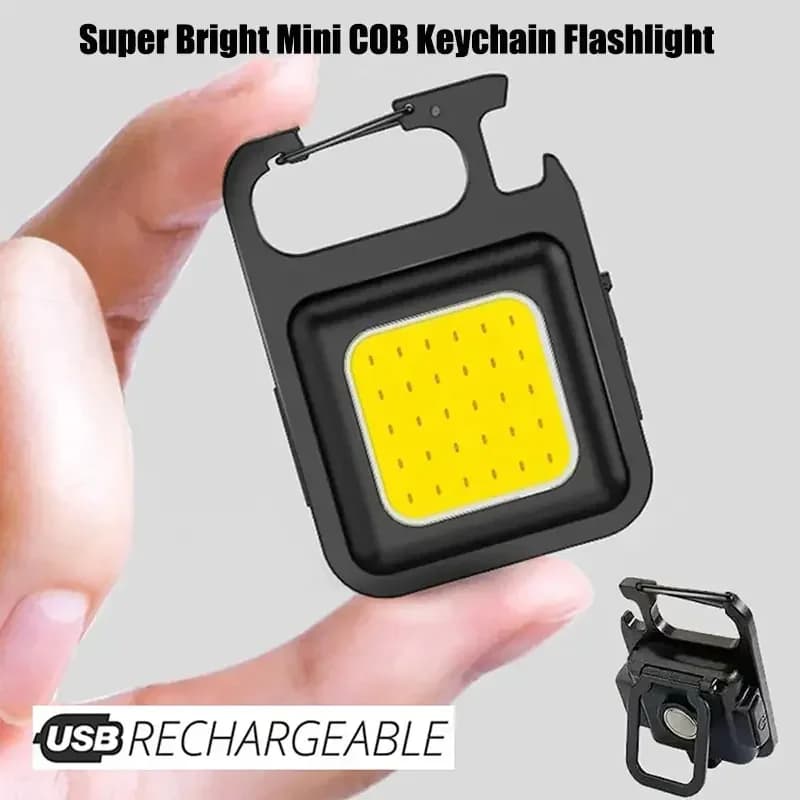 Mini gjenladbar COB LED nøkkelringlykt med åpner